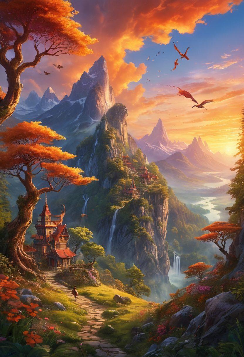 A breathtaking landscape featuring a lush, enchanted forest transitioning into majestic mountains under a vibrant sunset. Include whimsical creatures like fairies and dragons interacting with adventurous humans, symbolizing exploration and wonder. Capture the essence of excitement and adventure in a magical, dreamlike setting. surrealism. vibrant colors. fantasy illustration.