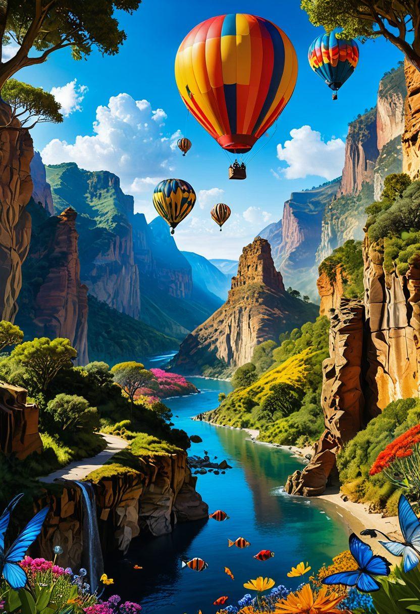 A vibrant collage depicting 10 extraordinary experiences, including a hot air balloon floating over a stunning landscape, a breathtaking underwater dive with colorful marine life, an exhilarating bungee jump scene, a serene meditation in a lush forest, and a lively street festival bursting with colors. Each experience should be beautifully illustrated, showcasing diverse cultures and emotions, creating a sense of wonder. super-realistic. vibrant colors. dynamic composition.